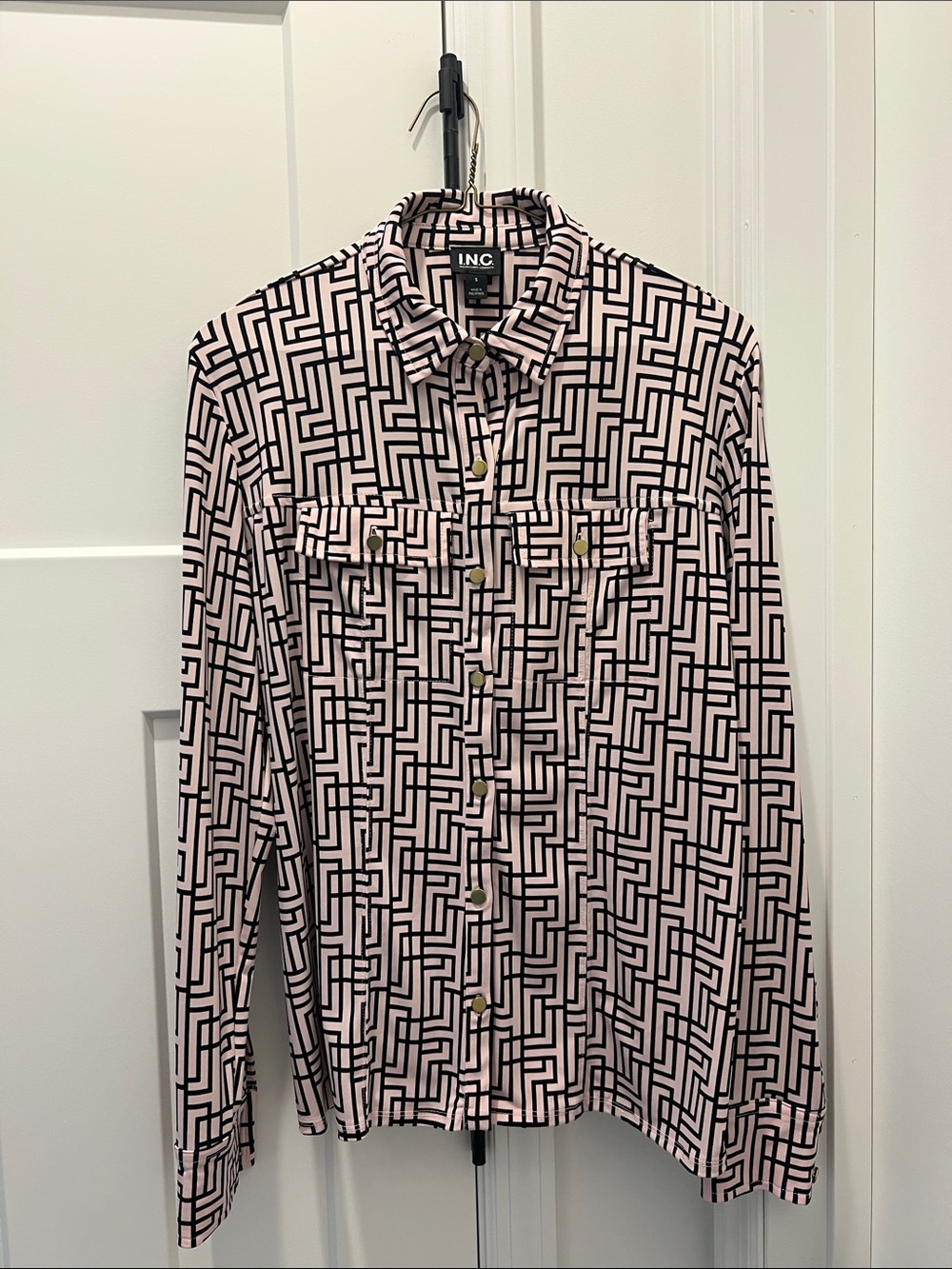 INC International Concepts Pink and Black Geometric Button-Down Shirt